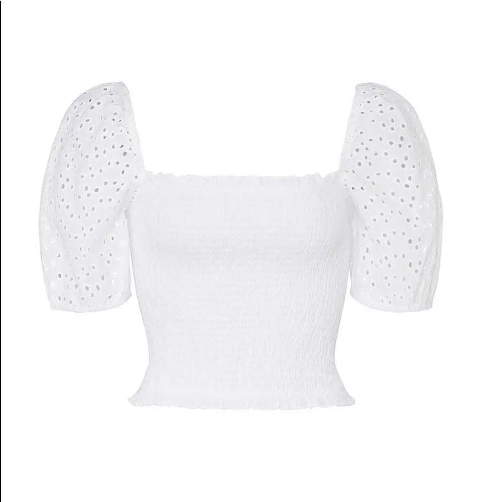 Louna Eyelet Square Neck Smocked Top Size S, White